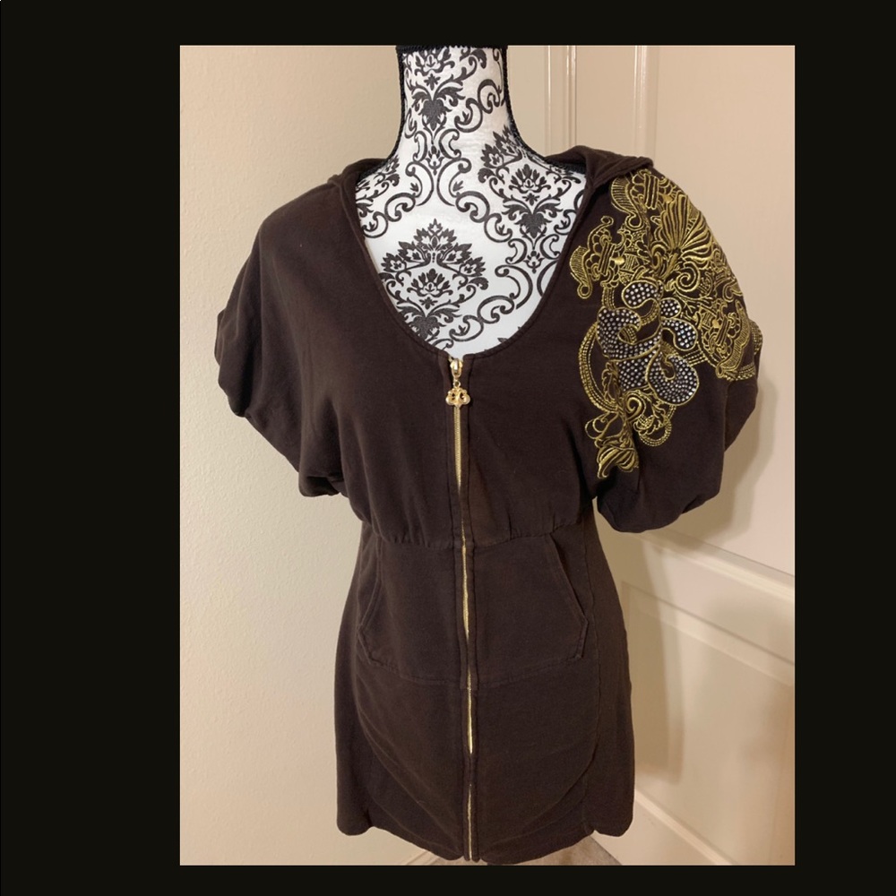 Dereon by Beyonce zip up Hoodie Dress gold brown